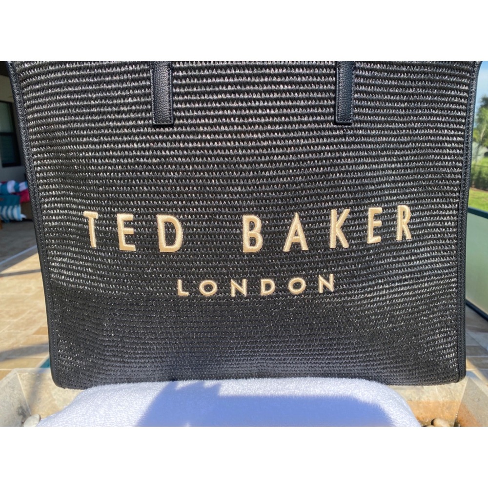 NEW Ted Baker London The Icon Tote Black Woven Straw Logo Shoulder Bag NEW - Picture 2 of 16